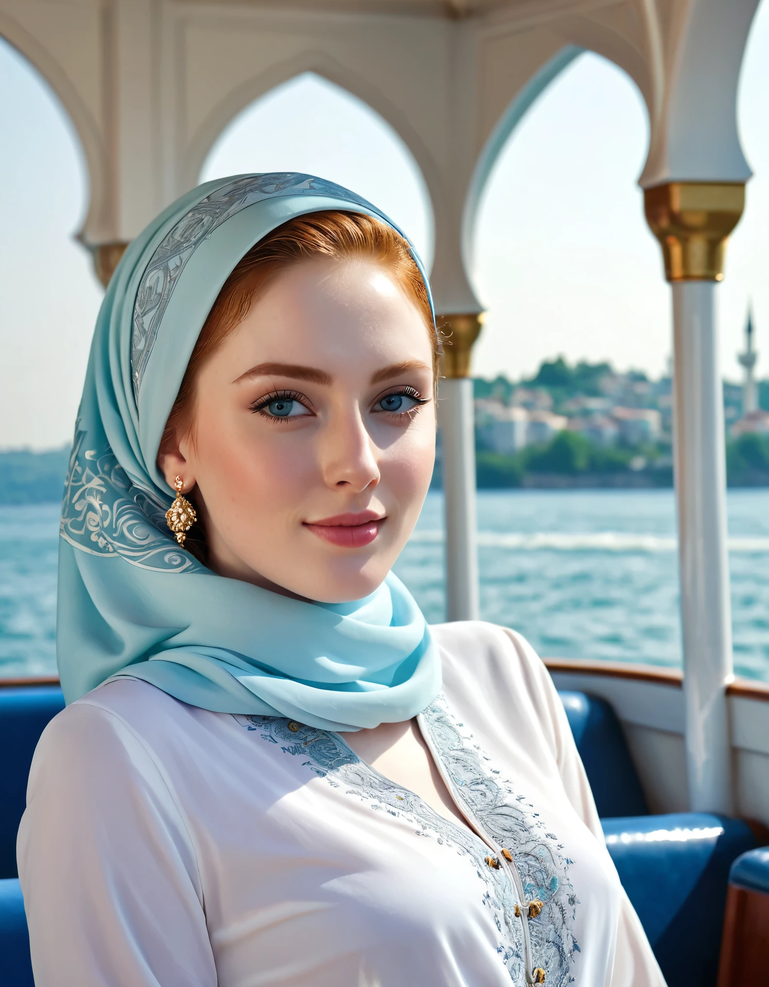 photography full body portrait of very beautiful realistic girl, on a boat in Bosphorus strait, porcelain skin, very fair skin, very pale skin, redhead, wavy, ponytail, very detail skin texture, hazel eyes, slanted eyes, small nose, small nostril, think curved eyebrow, thick bottom lip, seductive gaze, happy face, unique face, wear a headscarf hijab, detail photo, realistic photo, master piece picture, sharp picture, outdoor clear daylight, Blue Mosque background