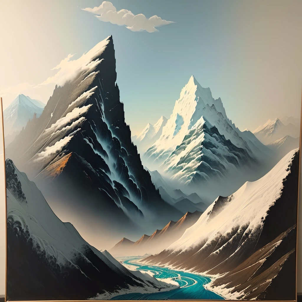 Close-up of a painting of mountains and a river, Museum ink painting, Inspired by Dong Qichang, Inspired by Huang Binhong, Inspired by Wang Shishen, Inspired by Li Keran, Inspired by Wang Shimin, Inspired by Zhang Shengwen, black ink painting, inspired by Zhang Shunzi, Inspired by Wang Yuanqi