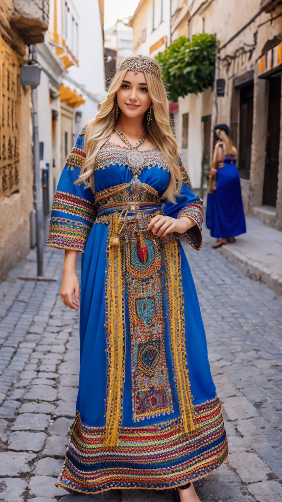 beautifull hot german blonde, robe kabyle, berber, amazigh dress, kabyledress, tizi ouzou, berber outfil, kabylegirl, bijoux, street background, full body, realistic,blue robe