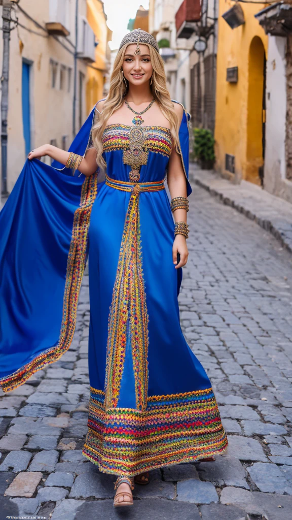 beautifull hot german blonde, robe kabyle, berber, amazigh dress, kabyledress, tizi ouzou, berber outfil, kabylegirl, bijoux, street background, full body, realistic,blue robe
