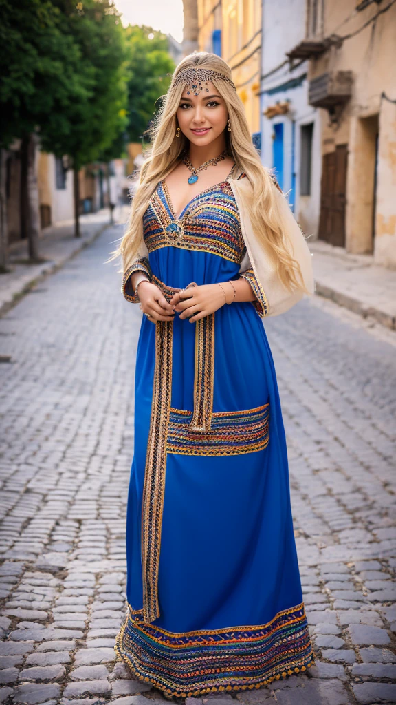 beautifull hot german blonde, robe kabyle, berber, amazigh dress, kabyledress, tizi ouzou, berber outfil, kabylegirl, bijoux, street background, full body, realistic,blue robe