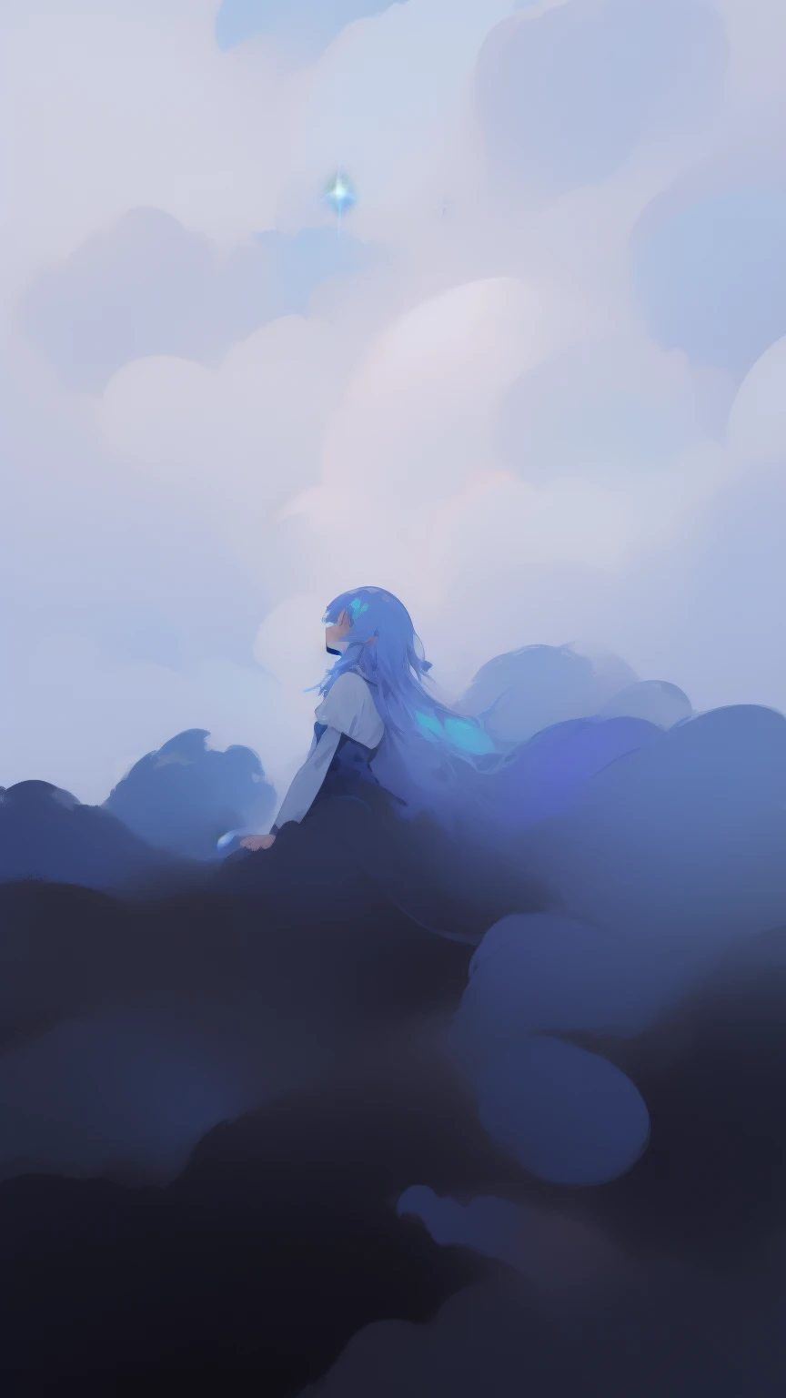 ((({SFW}:1))), (best quality,4k,8k, high res,masterpiece:1.2), ((masterpiece)), (((best quality))), slightly muted colors, solo girl, 1 character only, same character, hair color, hairstyle fax, eyes, simple white background, clouds, flowy hair, stars in hair, adult, starry eyes, sea, ocean, celestial, hairstyle fax, deity, muted blue hair, sky-like hair with stars, ocean hair, soft smile, (({comforting aura})), on clouds, abstract background:0.7, 

 Character in the middle ground, far, focus on the majestic and mesmerizing background, facing away from the viewer 

(((Fisheye angle pose, ethereal graceful pose, fisheye, character in the background away from the viewer, fisheye perspective, in the middle ground):0.5))

(best quality， masterpiece, Ultra-high resolution，（Reality：1.4), RAW photogr, warm lights, Beautiful goddess, Detailed scenes, Beautiful digital illustration, the detail,  Hyper-detailed, Cinematic quality, ultra-detailed, super detailed lighting,):1