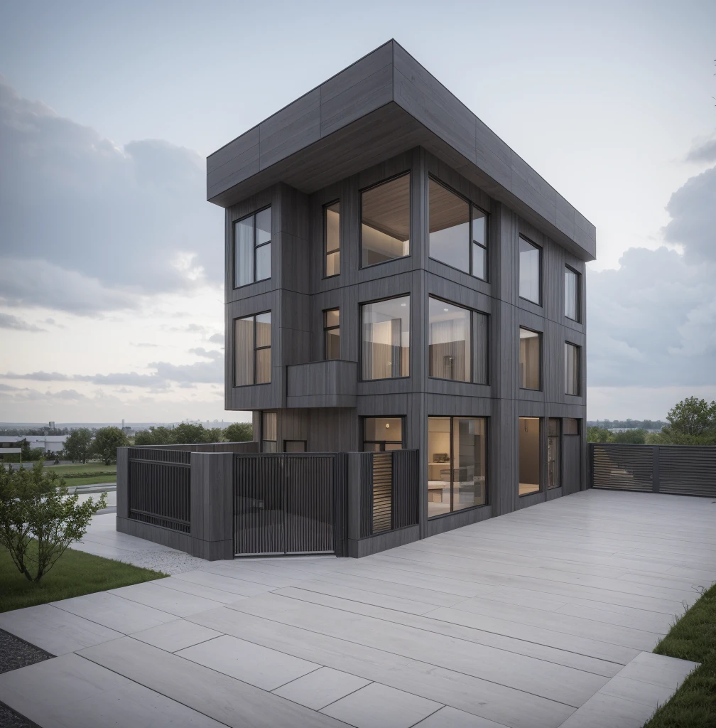 RAW photo, a photo of a modern villa with a car parked in front of it, ((1/2 dark grey wood facade)), architectural shot, gate, road, viet nam modern residence, rough white wall, new residential area, wide angle exterior 2022, contemporary house, exterior photography, masterpiece, contemporary architecture, overcast, indirect lighting