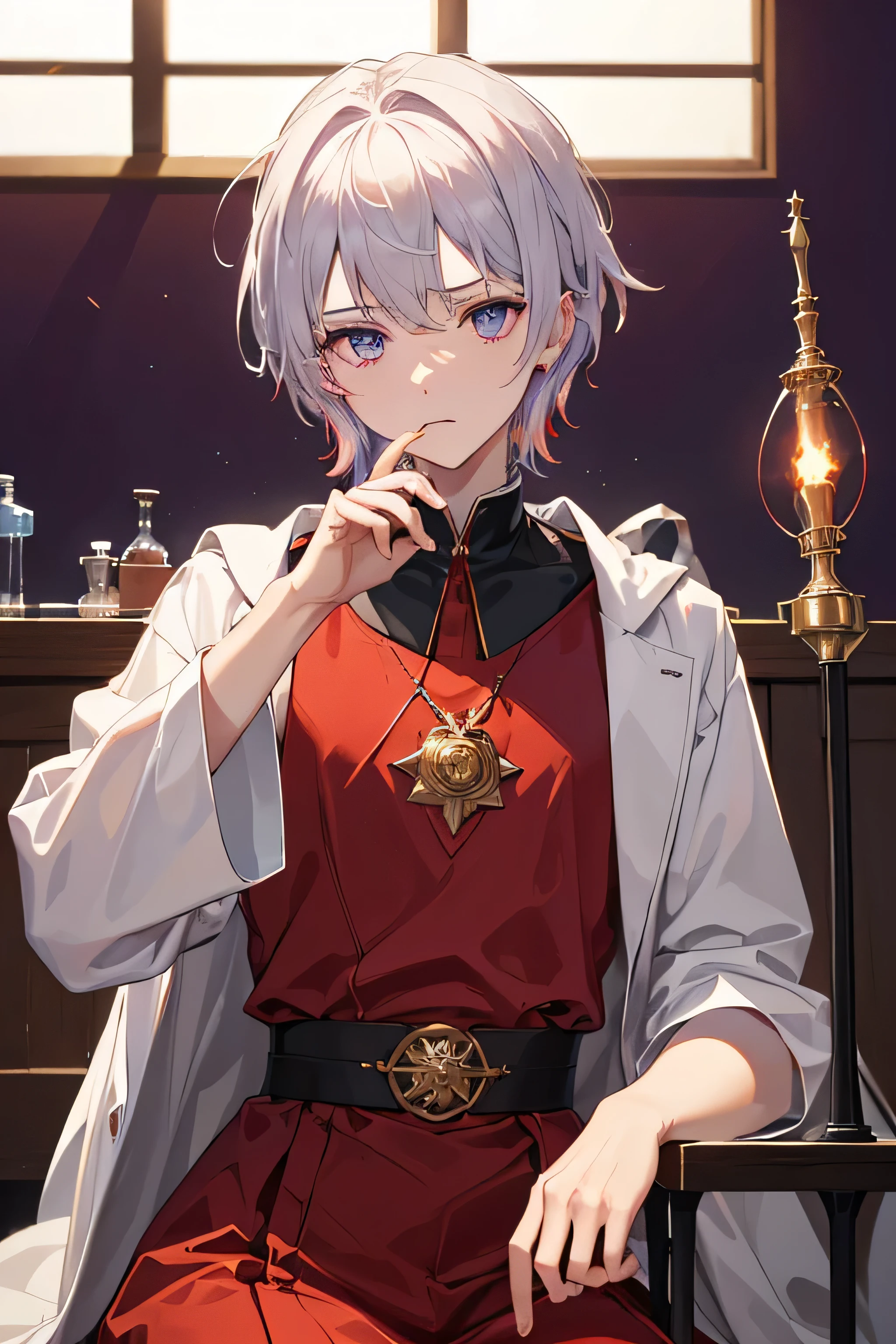 (master part), (best quality), (ultra detaild), male character, Youngh, boy, Fire element, pyro, black toned clothing, red and gold, White hair, magician((((Alquimista misterioso, L Philosophers Stone, ultrahigh resolution)))), 1boy, brooding, sitting, (spiky red hair), short messy hair, (pale skin), ((green eyes)), ((glowing_eyes)), (((ultra detailed eyes:0.7, beautiful and detailed face, dull eyes:0.3, melancholic expression))), ((three-quarter view, daylight)), facing forward, (((indoor, laboratory, not busy:0.9, royal purple background))), lean build, looking down, (((meditative vibe))), ((long sleeves)), lively eyes, beautiful lighting, indoor, laboratory
} feathers, catalyst, Beautiful hands and good quality,