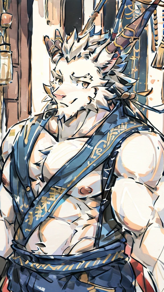 (white eastern dragon),furry,white mustache,big pecs,hearty males,muscular,black imperial robe,naked,adult,traditional_chinese_room,head portrait