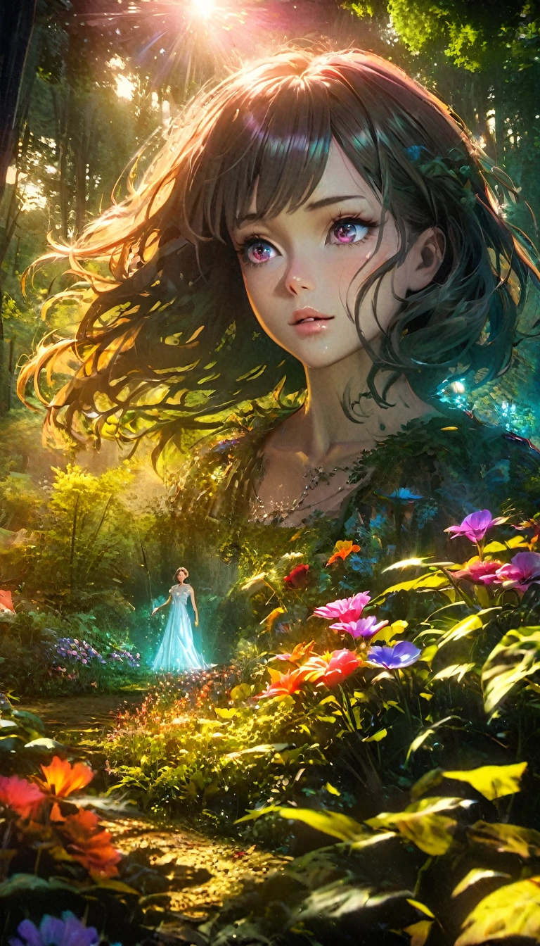 Beautiful forest at dawn, Idyllic, magic, majestic, Epic Lighting, 8K, 1 Girl, Delicate face, Delicate eyes, Delicate lips, Long eyelashes, Very beautiful dress, Calm expression, Dense foliage, Colorful flowers, Sunlight, Reality, Movie, Warm colors, Dramatic Lighting, Intricate details