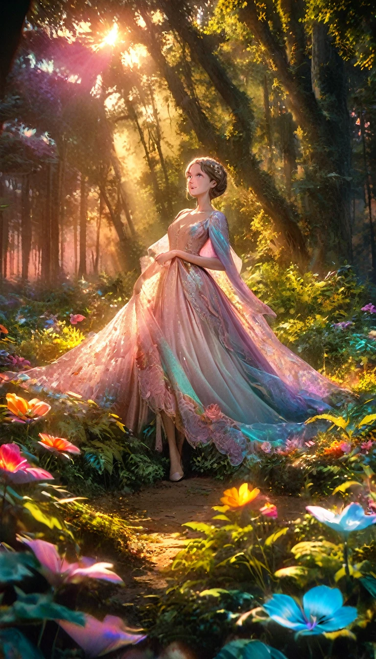 Beautiful forest at dawn, Idyllic, magic, majestic, Epic Lighting, 8K, 1 Girl, Delicate face, Delicate eyes, Delicate lips, Long eyelashes, Very beautiful dress, Calm expression, Dense foliage, Colorful flowers, Sunlight, Reality, Movie, Warm colors, Dramatic Lighting, Intricate details