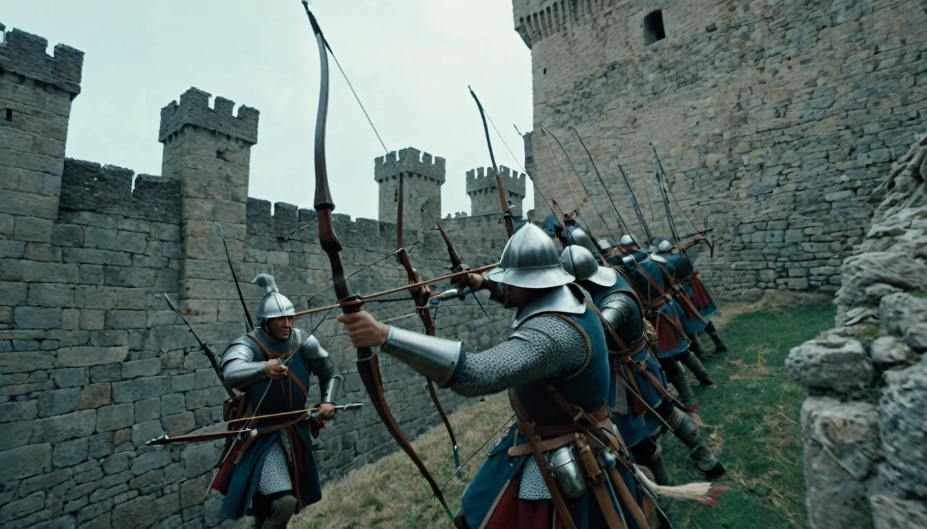 score_9, score_8_up, score_7_up, source_photo, photography, photorealistic, detailed, cinematic angle, rating safe, from below, Wide shot, Medieval soldiers on the ramparts firing their bows, masterpiece, best quality, 8k,