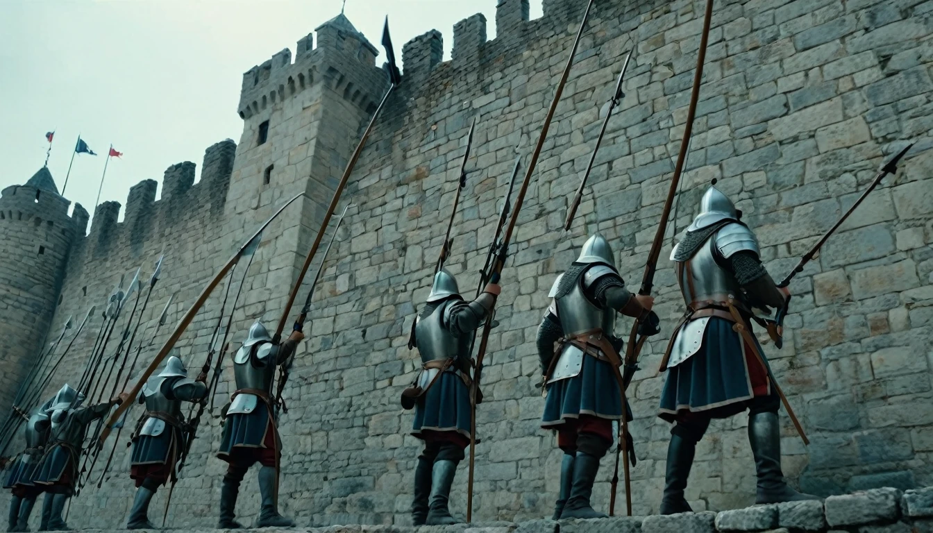 score_9, score_8_up, score_7_up, source_photo, photography, photorealistic, detailed, cinematic angle, rating safe, from below, Wide shot, Medieval soldiers on the ramparts firing their bows, masterpiece, best quality, 8k,