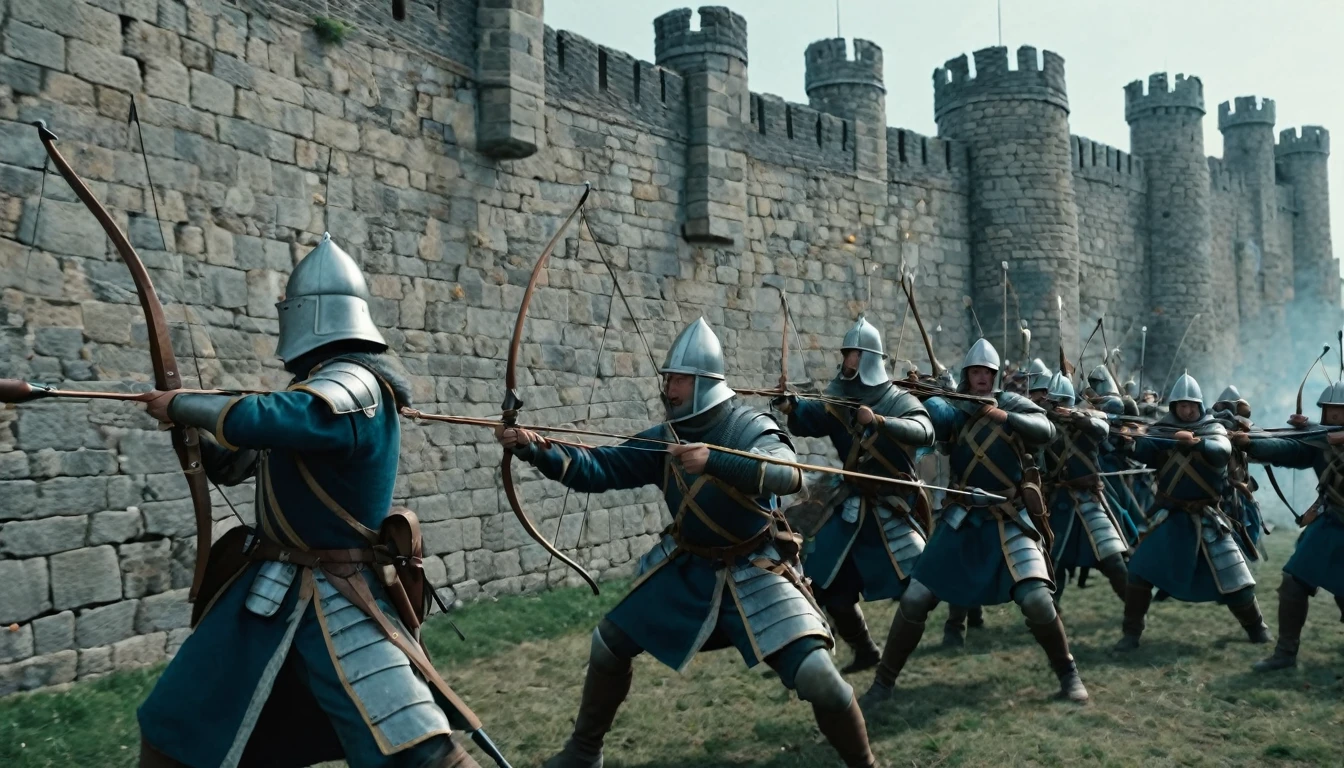 score_9, score_8_up, score_7_up, source_photo, photography, photorealistic, detailed, cinematic angle, rating safe, from below, Wide shot, Medieval soldiers on the ramparts firing their bows, masterpiece, best quality, 8k,
