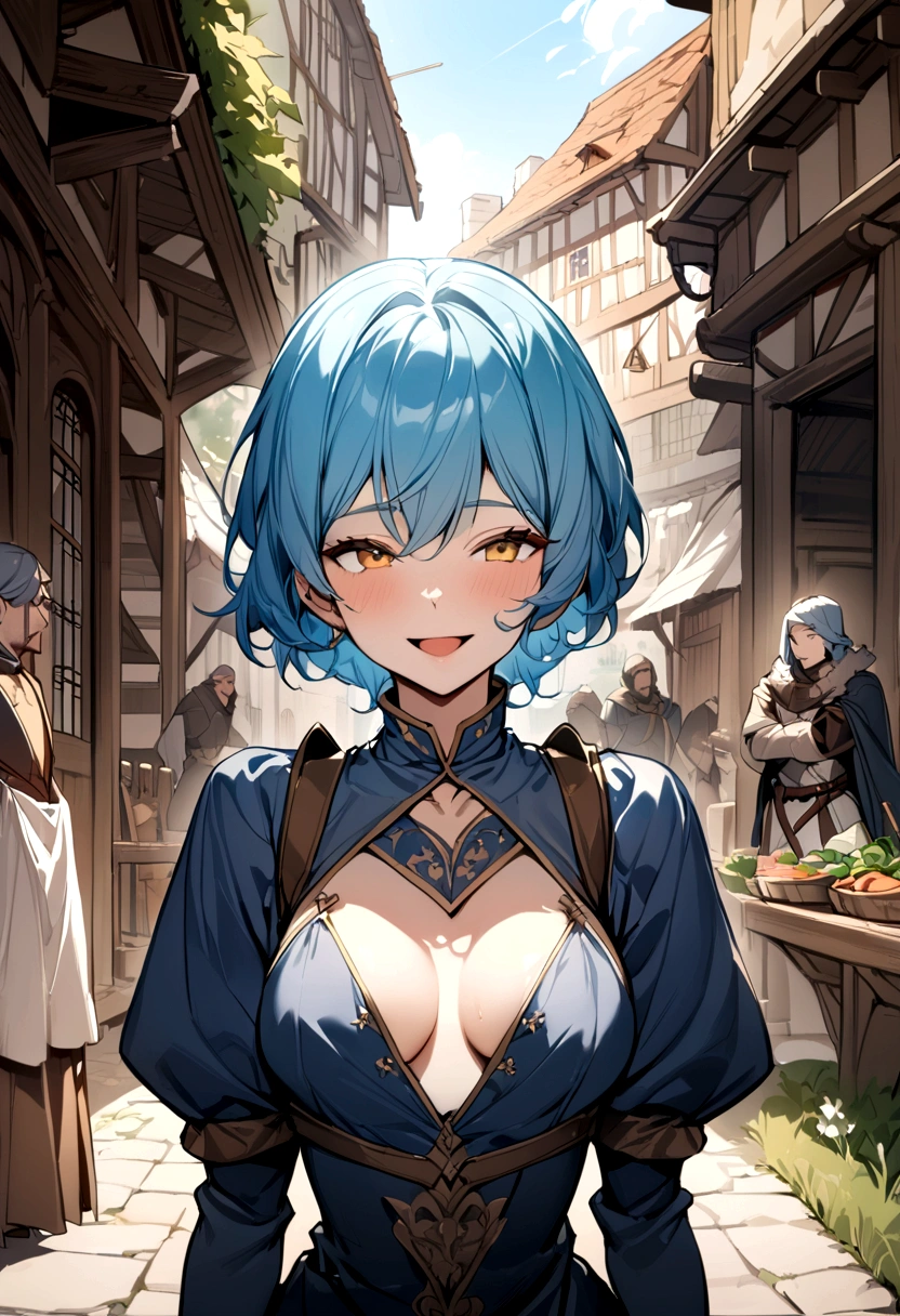 (Medieval Europe:1.2),(best quality,high resolution,masterpiece:1.2),(Stills),(Sunny atmosphere:1.3),Front view,(1 beautiful woman),(A 23-year-old female),(,only revealing his upper body:1.0),(Depth of Field),(Outdoor during the day,:1.2),Blue Hair,Yellow eyes,short hair,posture,Open mouth smile