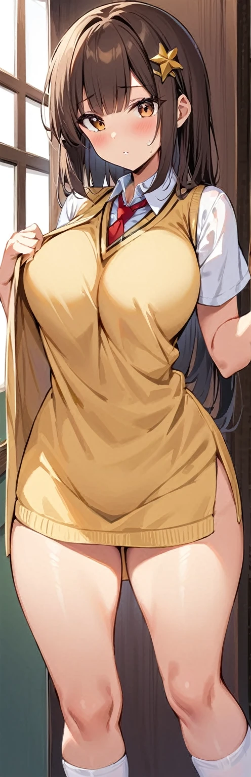 Masterpiece, Best Quality:1.2), 1 girl, Alone,standing_to divide, Mikan Yuuki, Brown eyes, Brown hair, hair ornament,wide,green plaid skirt, Sainan High , , White shirt, yellow sweater vest,no panties no underwear
(her breasts are visible through her clothes) big thighs