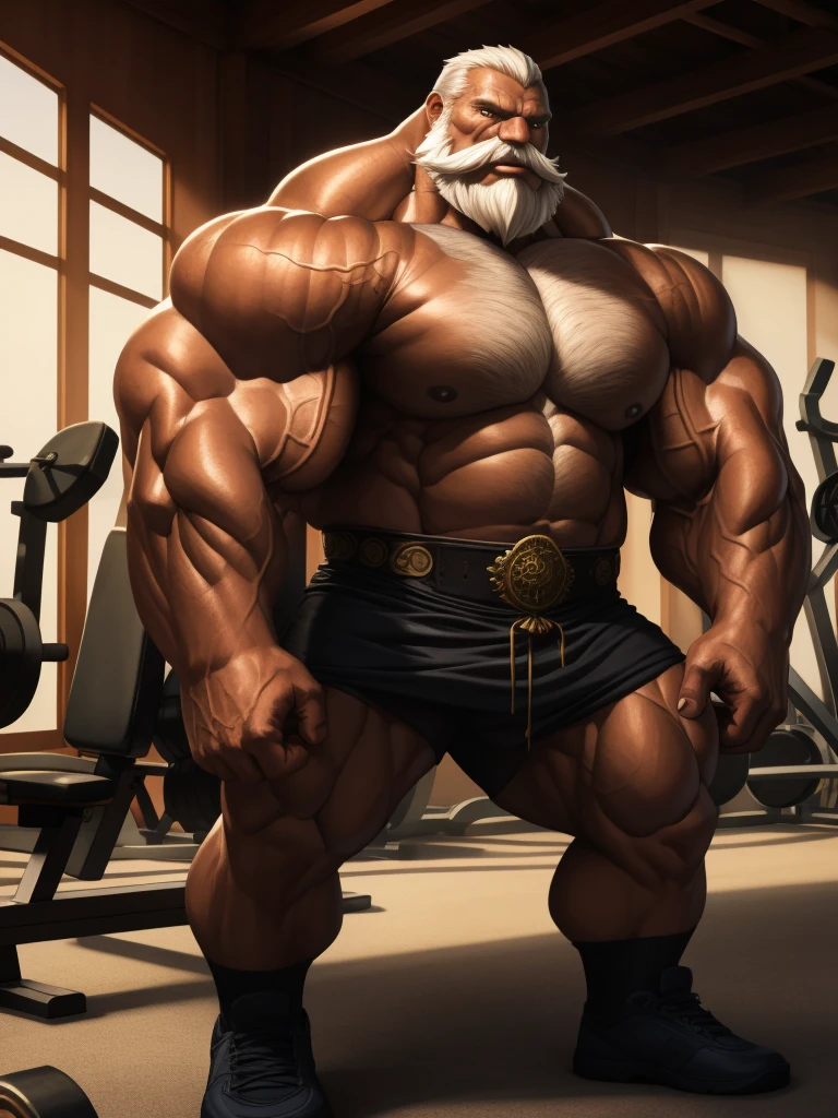 intricate detailed eyes, masterwork anime illustration, perfect proportions, powerful muscular body, perfect hands, veiny muscular body, thick arms, large biceps, masterwork anime screenshot, detailed muscle, old man, long beards, thick mustache, good anatomy, masterpiece, art winner, gym, extremely huge muscular, massive muscular, full-body, well-muscled old man. ((extremely muscle size, super thick arms, huge pec, extremely wide pectoral , huge arms)).  and add details to make it attractive and interesting. Add textures and details to make the image more realistic, Make sure the resulting image is high resolution, 8K quality." (best quality,4k,8k,highres,masterpiece:1.2),ultra-detailed,(realistic,photorealistic,photo-realistic:1.37),dramatic lighting,chiaroscuro,atmospheric,moody,cinematic