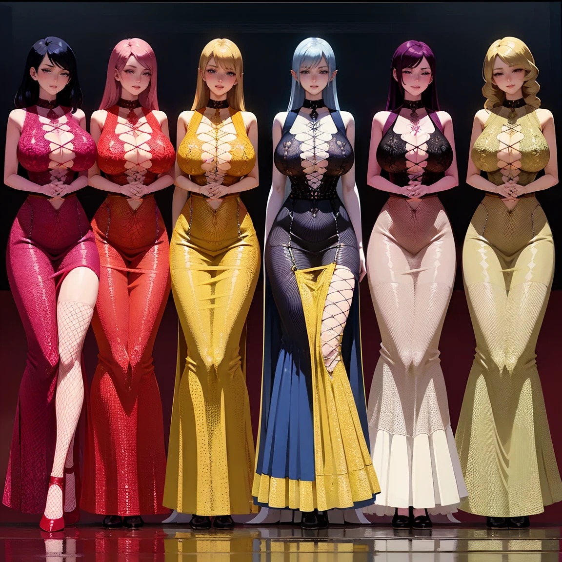 [League Of Legends],ahri,evelynn,kai'sa,group picture,multiple girls,5girls,looking at viewer ,realistic,shiny skin,,tight black lace dress,(beautiful face:1.1),(masterpiece, high quality:1.2)  gigantic breasts, motherly, porcelain skin, honey blonde hair, very long hair, wavy hair,mature female,