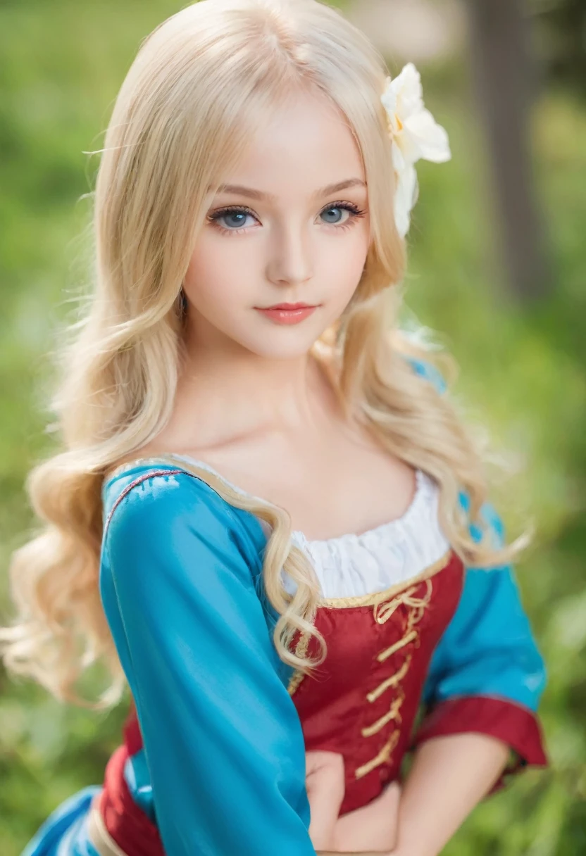 Leila、、(Russian women)、(((Cute face:1.8)))、Thin contours、Grey Eyes、、Blonde medium-long hair、Big Breastodel Style、(((whole body:1.8)))、one piece