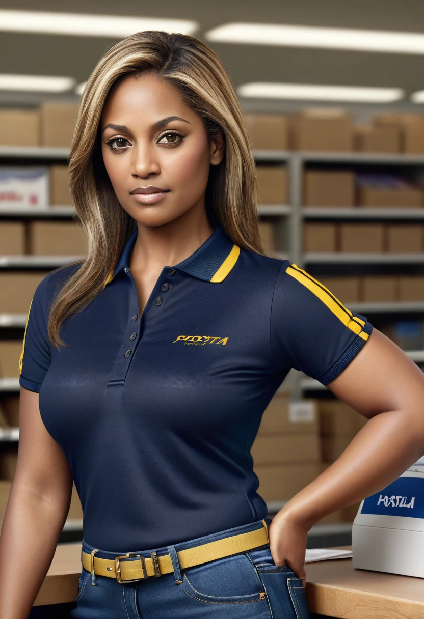 Hyper realistic image of a younger, middle-aged woman, broad shoulders and back, thick thighs, tall, dark skin, straight hair with blonde highlights, bulky but fit body, large bust, brown eyes, wearing dark blue polo shirt with thin yellow stripes on the collar and sleeves and dark jeans tight to his body and working as a postal clerk