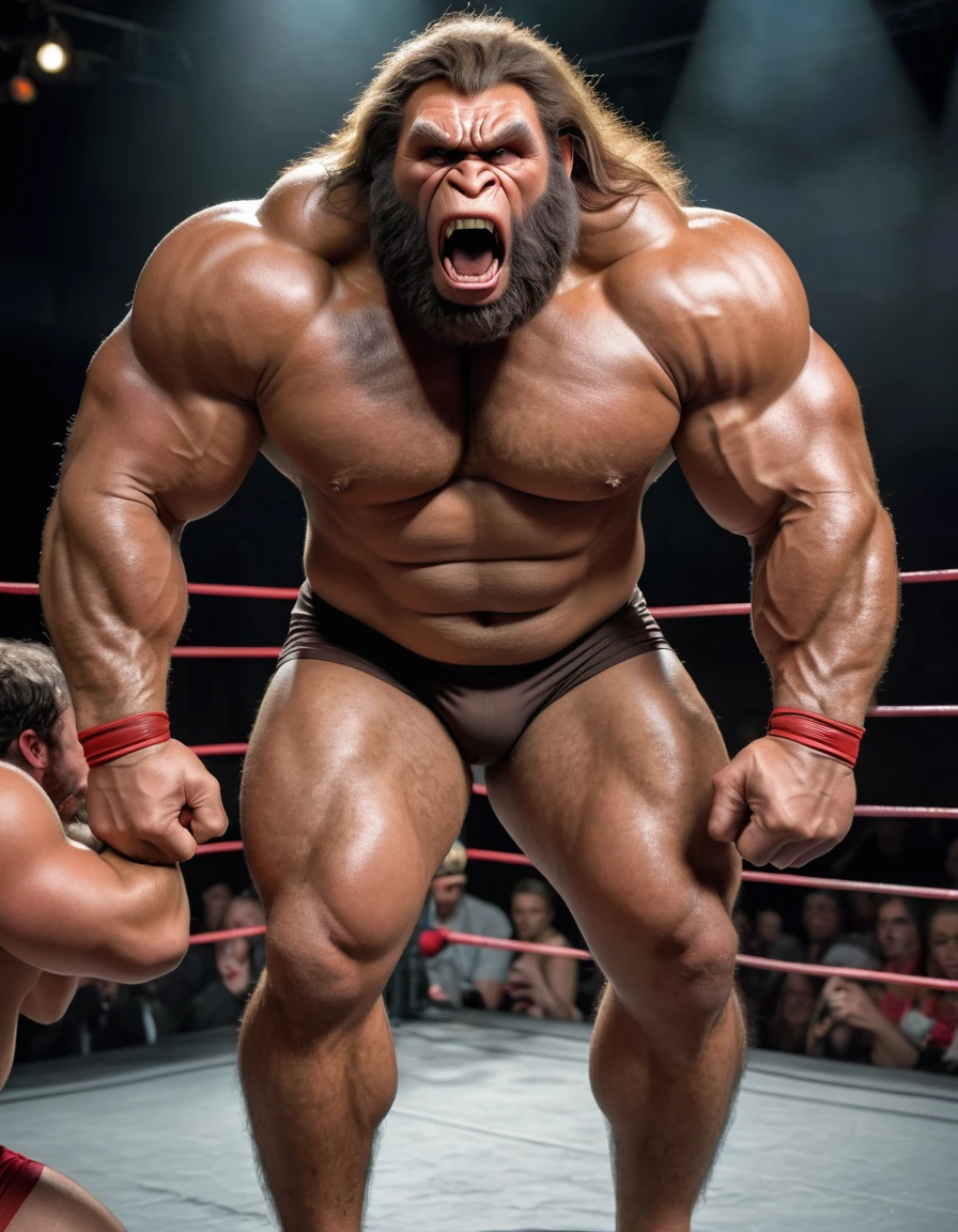 (RAW photo of a Neanderthals:1) , (hyper realistic:1.4), (Neanderthal man:1.4),transformation,(half gorilla mix :1), tall, bulky,hulk body, chubby, (very muscular:2), (hairy body:1.5),(detail face:1.1), tan skin, thick arms, (veiny arms:1.1), (bloated gut:1.5),(wearing underwear:1.1), thick legs, rounded pecs, (big arms:1.1), veiny arms, dark brown skin, (wrestling another skinny guy on a stage:1.1) ,roaring,angry, hdr, photorealistic
masterpiece, cinematic, best quality, sharp focus,