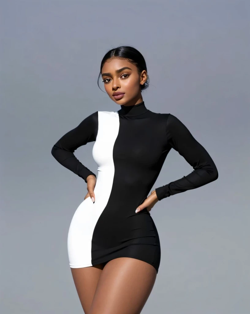 (Beautiful  girl, Yara Shahidi, KIKI Layne, Kylie Jenner, Maitreyi Ramakrishnan, young Jessica Alba), Wearing tight white and black cotton-Lycra-fabric long sleeve mini dress, round breasts, slim waist, big hips, beautiful soft thighs, beautiful legs,(HDR, 8K, vivid, vibrant, detailed: 1.4), (hyper realistic, movie graphics)