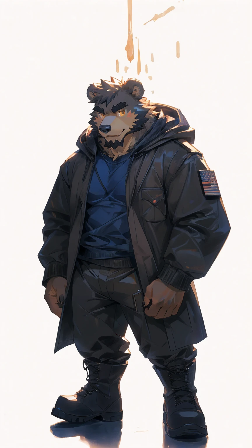 (masterpiece:1.2), best quality,pixiv,official art,perfect anatomy, (Ray tracing, light),solo, (1_male:1.3) , (muscle), (grey fur:1.4), (muscle bear), (beard:1.2), (gleaming golden eyes), bear tail, full body, Thick black eyebrows,(open hooded parka), (naked inside), (cargo pants:1.2), boots , (pure white background: 1.3)