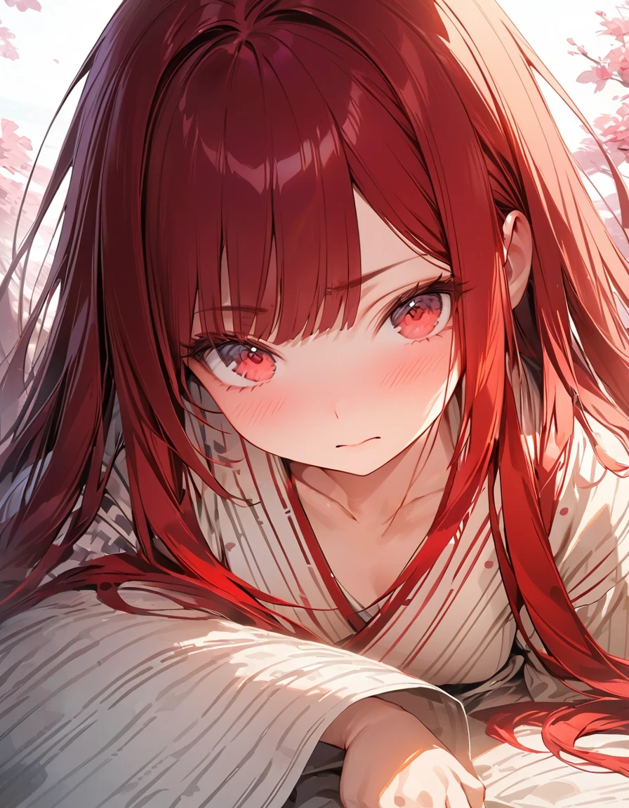 masterpiece Detailed description A woman with very long red hair Luxury Kenran Japanese-style yukata Embarrassed(Masseter muscle area, high quality, Mysterious, Beautiful and beautiful, Ideal body proportions, Official image art, Impressionism), (Ultra-high resolution, 8k RAW photos, Photorealistic, Natural light, Textile Shading),Perfect Fingers