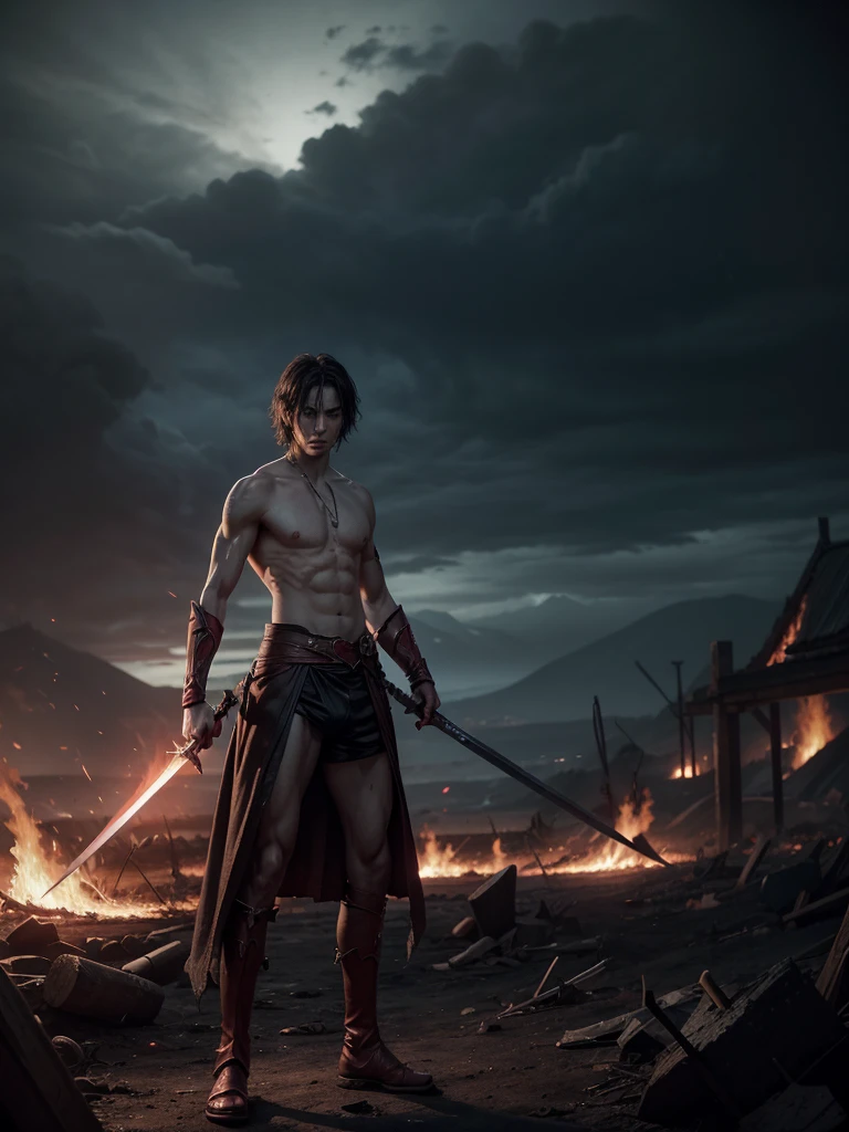 A being with a thin, pale body, with tired eyes, This being has 4 arms, using a sword and a sickle in his hands, and a hoe and a sword in the other two hands, background with destroyed scenery and red flames and dark sky