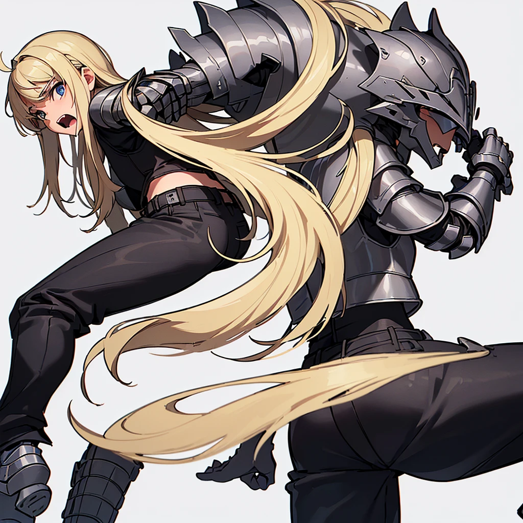 (((Solo)))、Highest quality, Best Quality、(((Gray simple armor、Black trousers))、(woman、18-year-old)、(Blonde、Long Hair)、(Cowboy Shot)、(White background)、(get annoyed、Open your mouth)、(From the back)、Run、Fighting stance