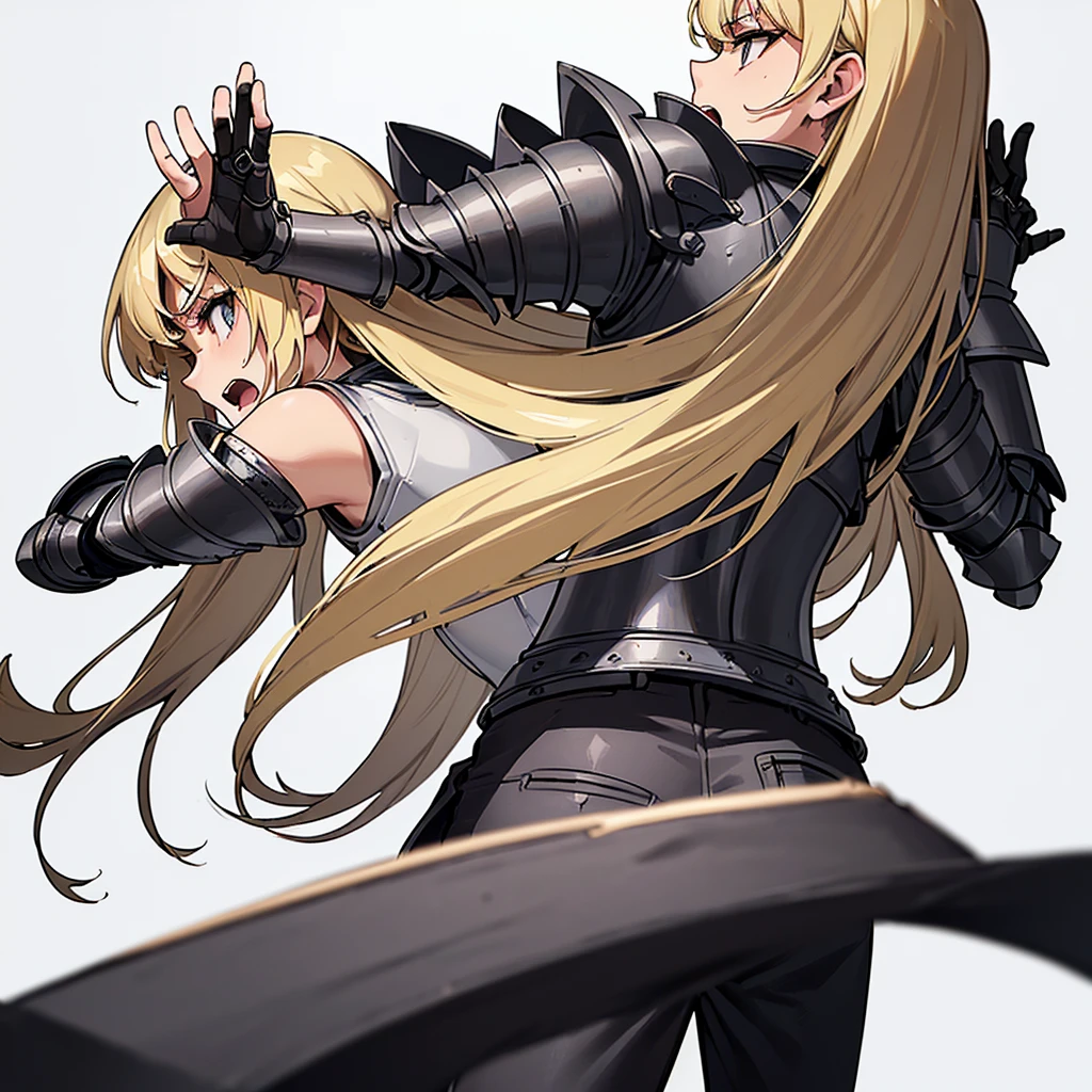 (((Solo)))、Highest quality, Best Quality、(((Gray simple armor、Black trousers))、(woman、18-year-old)、(Blonde、Long Hair)、(Cowboy Shot)、(White background)、(get annoyed、Open your mouth)、(From the back)、Run、Fighting stance
