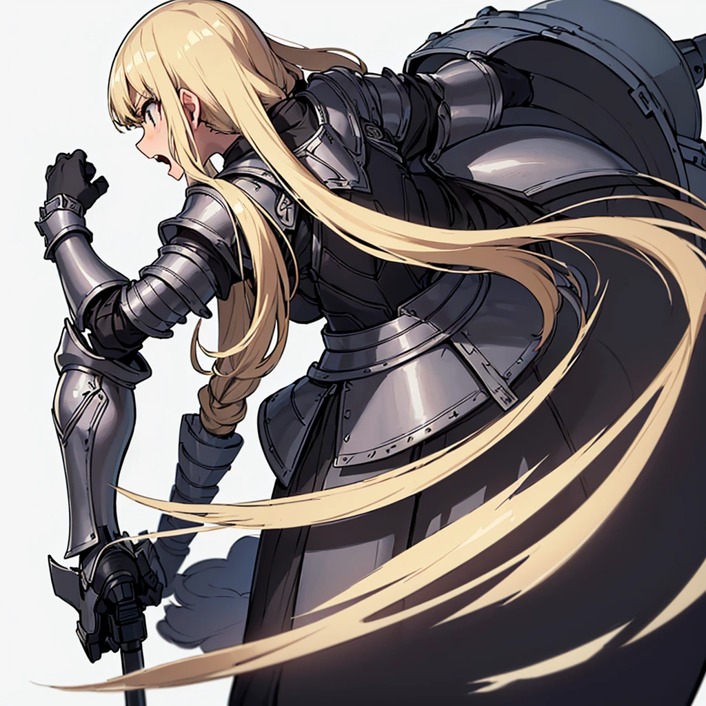 (((Solo)))、Highest quality, Best Quality、(((Gray simple armor、Black trousers))、(woman、18-year-old)、(Blonde、Long Hair)、(Cowboy Shot)、(White background)、(get annoyed、Open your mouth)、(From the back)、Run、Fighting stance
