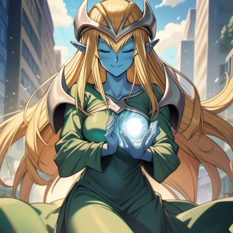 mysticalygo, mystical elf, smile, happy look, medium breasts, eyes closed, green dress, large long skirt, sleeve cover hands, no hands, large long sleeves, blue skin, blonde hair, long hair, Yugioh, city, running