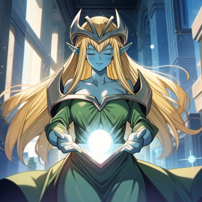 mysticalygo, mystical elf, smile, happy look, medium breasts, eyes closed, green dress, large long skirt, sleeve cover hands, no hands, large long sleeves, blue skin, blonde hair, long hair, Yugioh, city, running