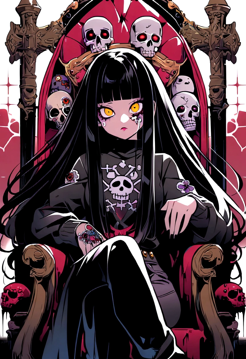 Black Hair、Black Feather、Gothic Punk、sit on a chair, cross one's legs、Throne、tears,anime zombie witch design, crossbones, skulls, street wear design, pro vector, Horror style, full design, 6 colors only, solid colors, no shadows, full design, sticker, bright colors, white background.super fine illustration,(((beautiful fine hair))),(((beautiful fine face))),(((beautiful fine background))),(((beautiful fine hair))),(((beautiful fine face))),(((beautiful fine background)))、Black Hair、blunt bangs