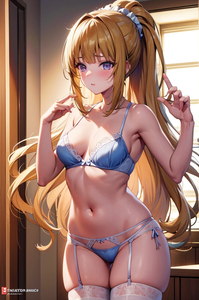 (8k, best quality, masterpiece,ultra detailed, ultra high res:1.2), anime keyvisual, official art, nsfw, 
1girl,
Kei Karuizawa \(youjitsu\),
BREAK long hair, ponytail, yellow hair, 
purple eyes, blue bow, small hair scrunchie, 
[medium breasts], 
BREAK pink lingerie, lace-trimmed bra, (garter belt:1.3), thighhighs, cleavage, side-tie panties, (special occasion thong panties:1.3), armpits, from below, (blush:1.1), 
BREAK looking at viewer, cowboy shot, perfect light, indoor, 