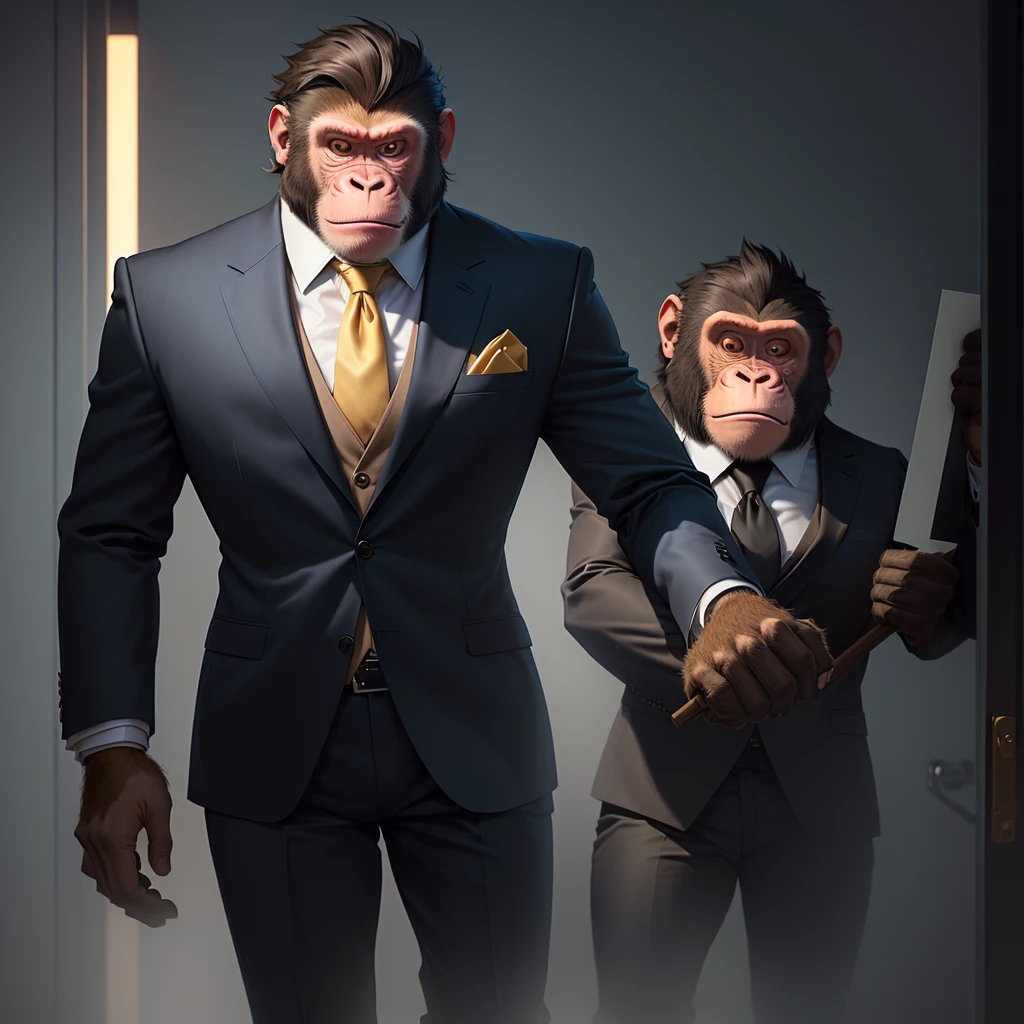 Illustration of a monkey in a suit holding a sign, Betting on the face, Bored Ape nft, inspired author：Alex Petruk APe, Winston the Ape in Overwatch, It&#39;s concept art, Super rich happy Pepe, Bored Ape, author：Alex Petruk APe, beefy, Ape teaches Pepe, Bras!, Thick outline, Humanoid monkey fantasy race, Mascot illustration