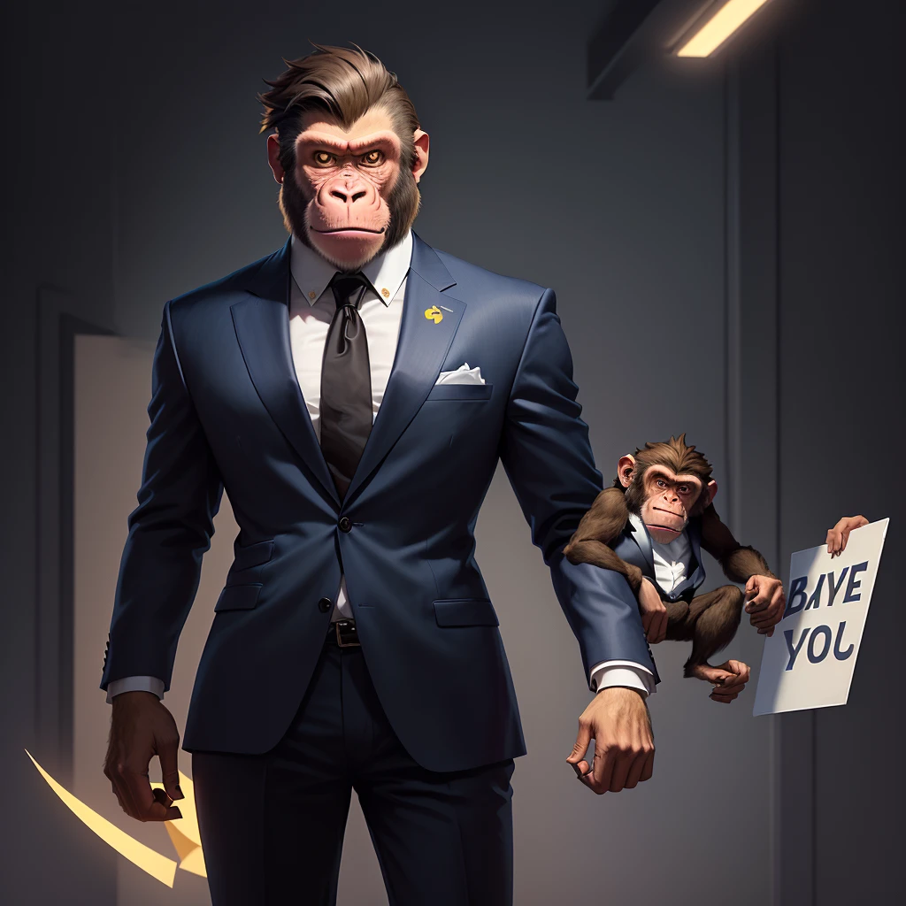 Illustration of a monkey in a suit holding a sign, Betting on the face, Bored Ape nft, inspired author:Alex Petruk APe, Winston the Ape in Overwatch, It's concept art, Super rich happy Pepe, Bored Ape, author:Alex Petruk APe, beefy, Ape teaches Pepe, Bras!, Thick outline, Humanoid monkey fantasy race, Mascot illustration