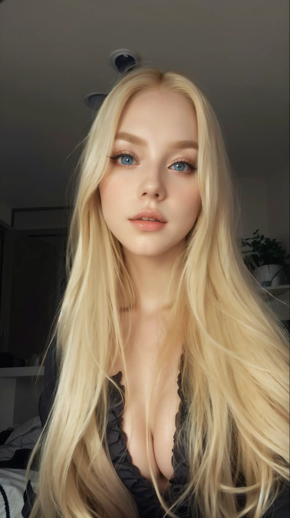 blonde woman with long hair and black bra posing for a selfie, long blonde hair and big eyes, ava max, blonde goddess, long blonde hair and blue eyes, yelena belova, a gorgeous blonde, blonde swedish woman, angelawhite, Beautiful blonde girl, very light blonde hair, long blonde hair and big eyes, dasha taran