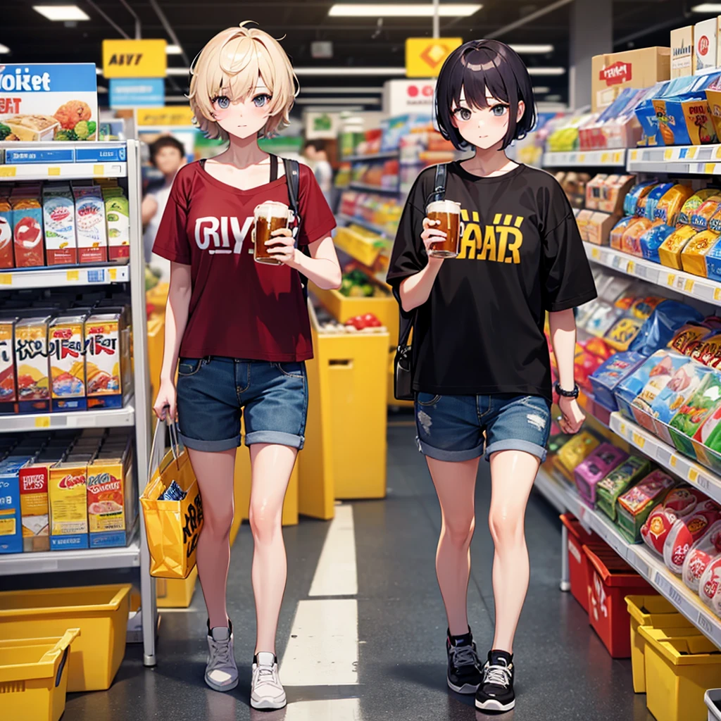 Short haired femboy with a beer at a Walmart 