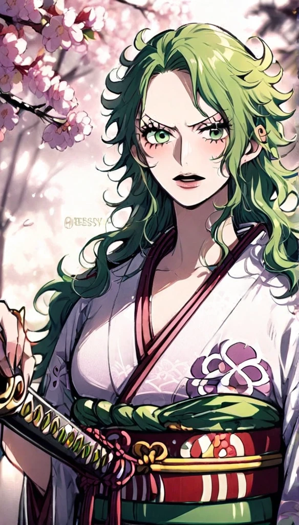 masterpiece, best quality), intricate details, 1 girl, woman, green hair, zoro \ (one piece\), (long hair), shirt, white shirt, female focus, clothes, green colour kimono, nature, scenery, upper body, straw hat, ((front view)) ((close up shot)) ((solo)) ((hair over one side of face)) detailed, very high resolution, no blurry image, full body, green eyes, sligh wavy hair, ((zoro from one piece)) ((female zoro from one piece), messy_hair, japanese_clothes, genderswap_(mtf), genderswap, eyelashes, holding katana