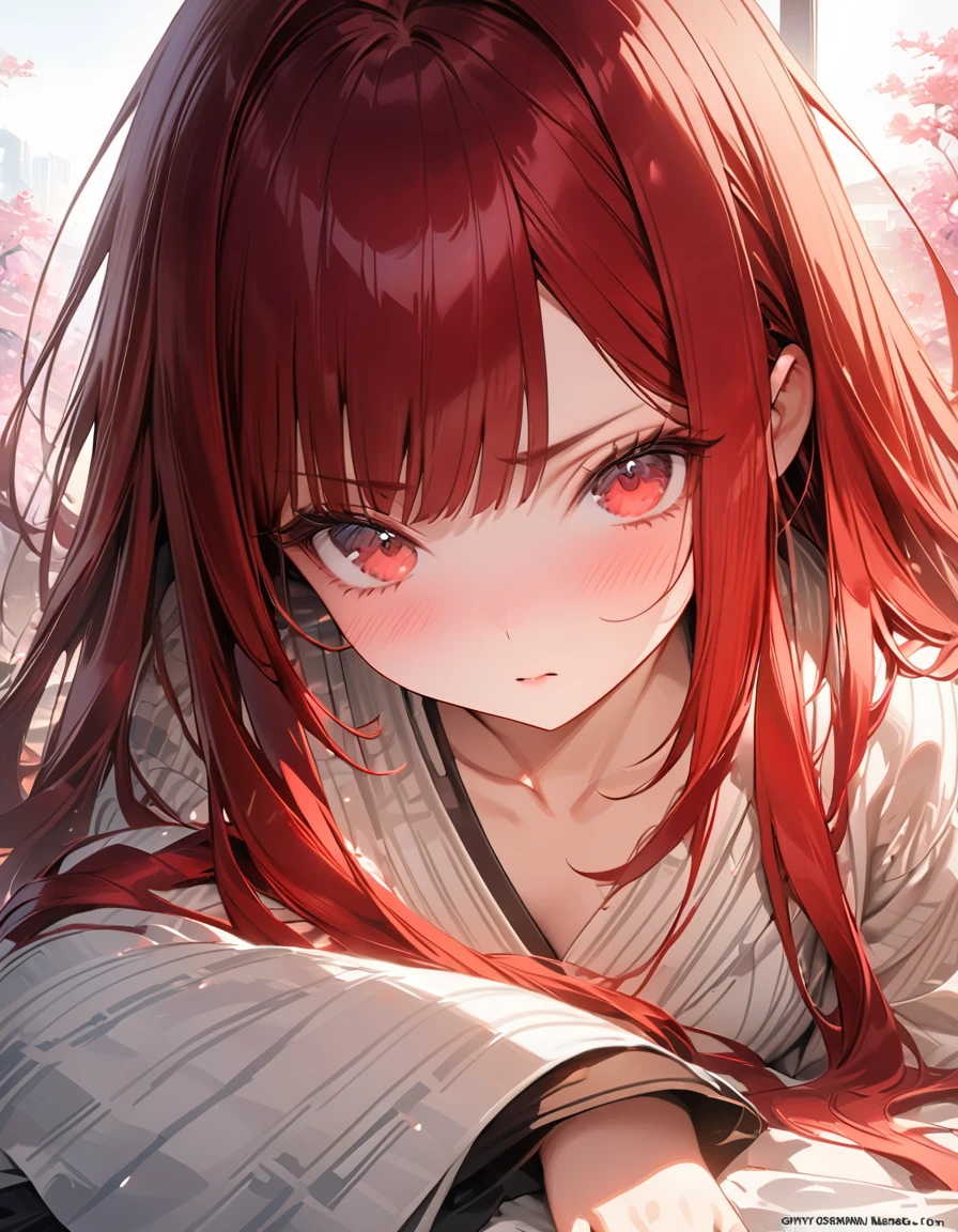 masterpiece Detailed description A woman with very long red hair Luxurious and gorgeous Japanese-style yukata Embarrassed(Masseter muscle area, high quality, Mysterious, Beautiful and beautiful, Ideal body proportions, Official image art, Impressionism), (Ultra-high resolution, 8k RAW photos, Photorealistic, Natural light, Textile Shading),Perfect Fingers