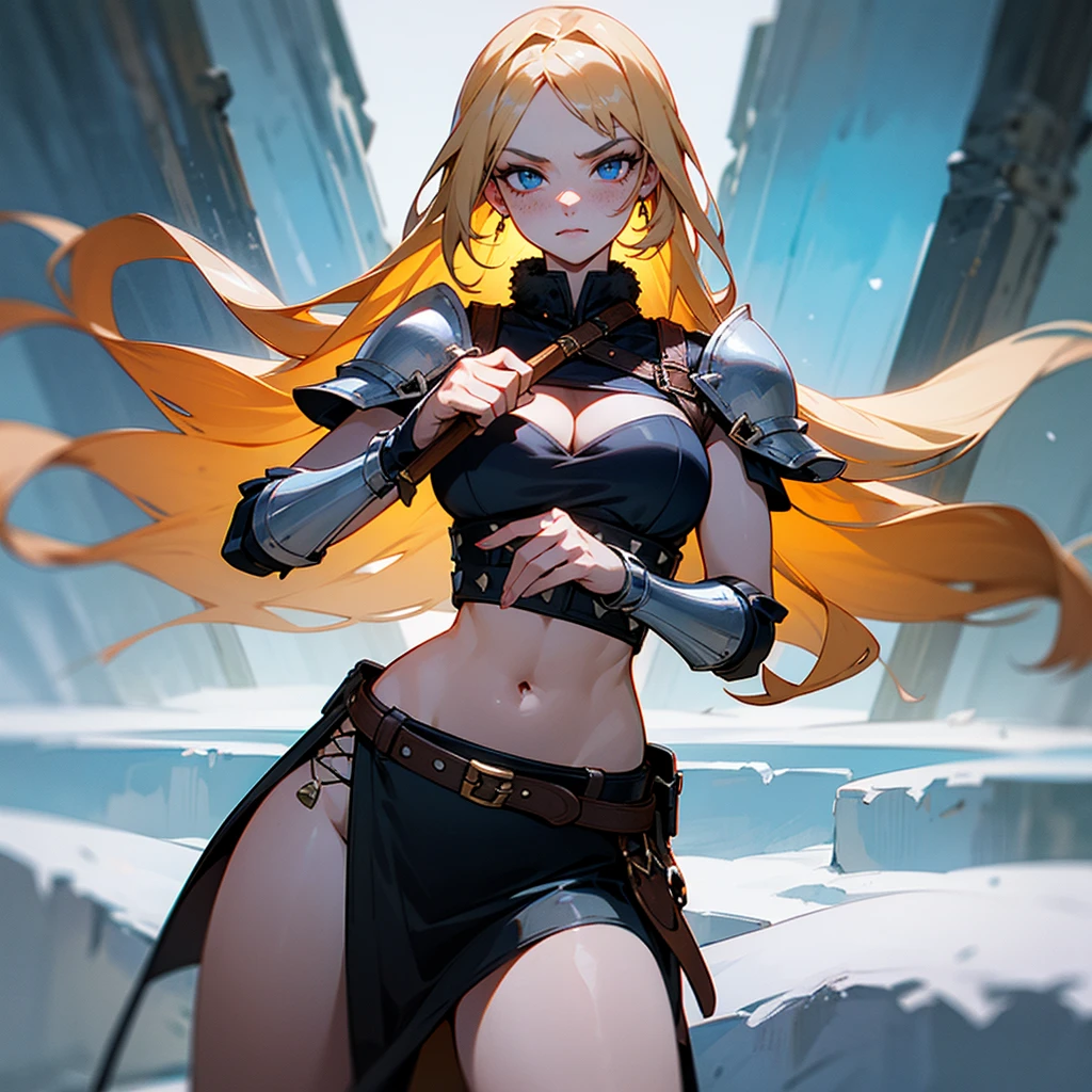 masterpiece, Gorgeous woman swinging a sword, barbarian, fearsome appearance, tribal warpaint, dense forest, tattered fur armor, tattered brown low cut leather bodice, tattered fur skirt, wearing loose fitting belts, tattered fur bracers,braided long blonde hair, beautiful, pale skin tone, large icy blue eyes, dark eye shadow, tattoo, freckles, athletic body, slender waist, wide hips, very busty, ultra HD,