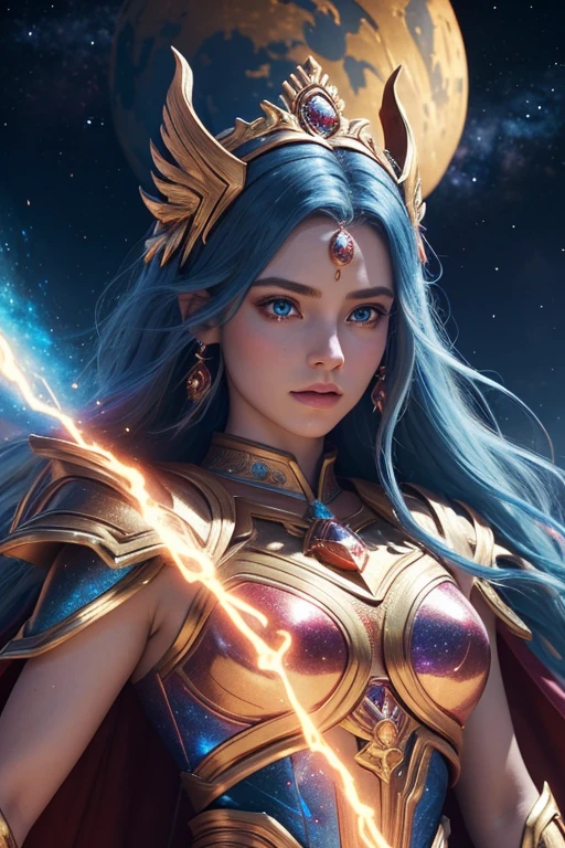 a beautiful celestial princess with red and gold mythical armor, iridescent vibrant, long cosmic hair, icy blue eyes, cape, ancient temple background, galaxy sky, depth of field, best quality, masterpiece, ultra-detailed, ultra high resolution, unreal engine 5, photorealistic, 8k, professional, extremely detailed, hyper realistic, cinematic lighting