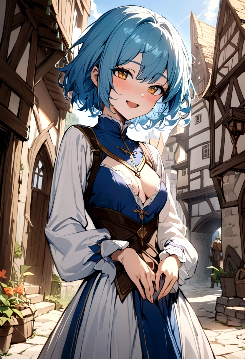 (Medieval Europe:1.2),(best quality,high resolution,masterpiece:1.2),(Stills),(Sunny atmosphere:1.3),Front view,(1 beautiful woman),(A 23-year-old female),(Depth of Field),(Outdoor during the day,:1.2)，Blue Hair，Yellow eyes，short hair，posture，Open mouth smile