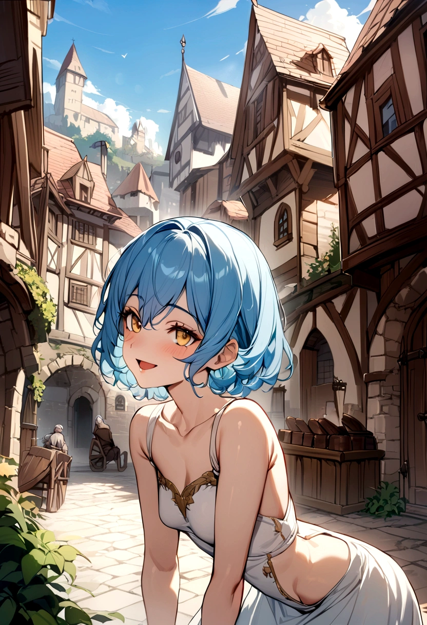 (Medieval Europe:1.2),(best quality,high resolution,masterpiece:1.2),(Stills),(Sunny atmosphere:1.3),Front view,(1 beautiful woman),(A 23-year-old female),(Depth of Field),(Outdoor during the day,:1.2)，Blue Hair，Yellow eyes，short hair，posture，Open mouth smile