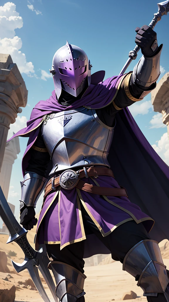Knight wearing a flat helmet that covers the face, with a purple cape and wields a battle axe