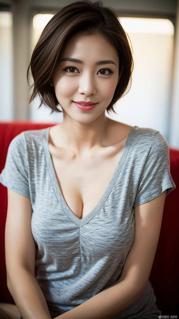 Highest quality, Ultra-high resolution, (Realistic: 1.4), Beautiful Eyes, so beautiful, short hair, Beautiful breasts, spouse, Rough chest T-shirt, Eyes that invite the viewer, spouse's eyes, Attractive look, Sexy smile, Perfect Style, Perfect balance, Detailed skin, Naughty Eyes, I can see your chest,Ridiculous,Young