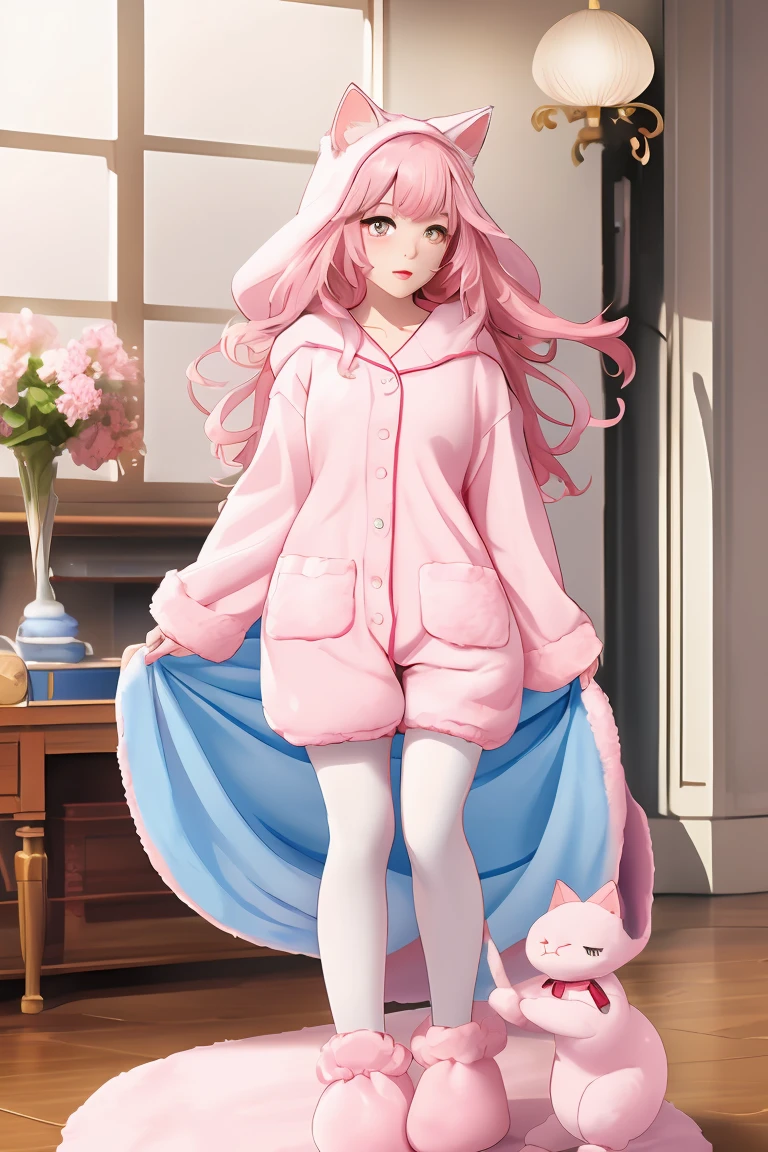 score_9,score_8_up,score_7_up,masterpiece, top quality, best quality, official art, beautiful and aesthetic, animation, , 1girl with cat ear, perfect figure, pink hair, complicated details, living room, standing, cute hooded pajamas, stockings, cute little slippers ,