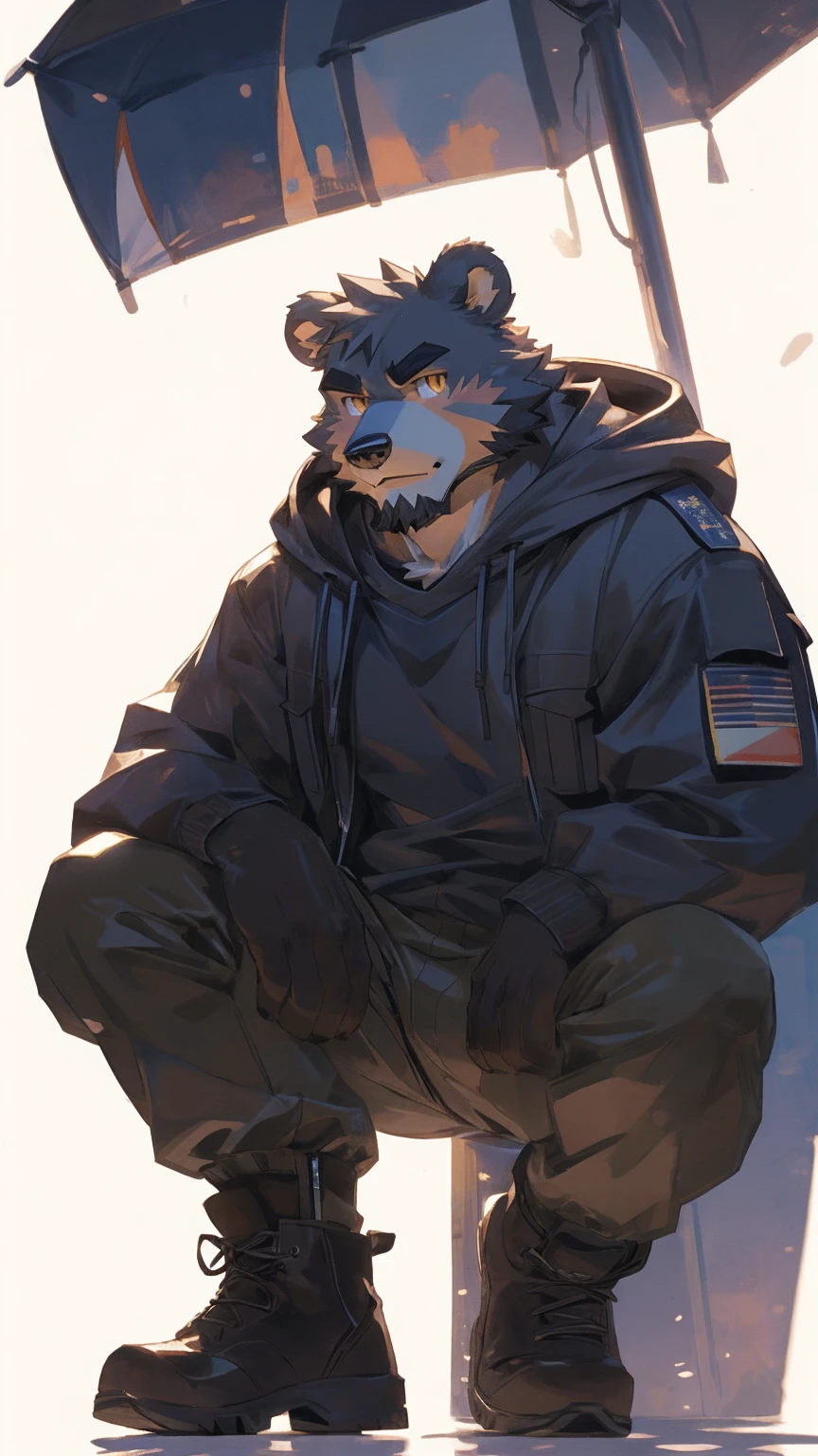 (masterpiece:1.2), best quality,pixiv,official art,perfect anatomy, (Ray tracing, light),solo, (1_male:1.3) , (muscle), (grey fur:1.4), (muscle bear), (beard:1.2), (gleaming golden eyes), bear tail, full body, Thick black eyebrows,(open hooded parka), (naked inside), (cargo pants:1.2), boots , (pure white background: 1.3)