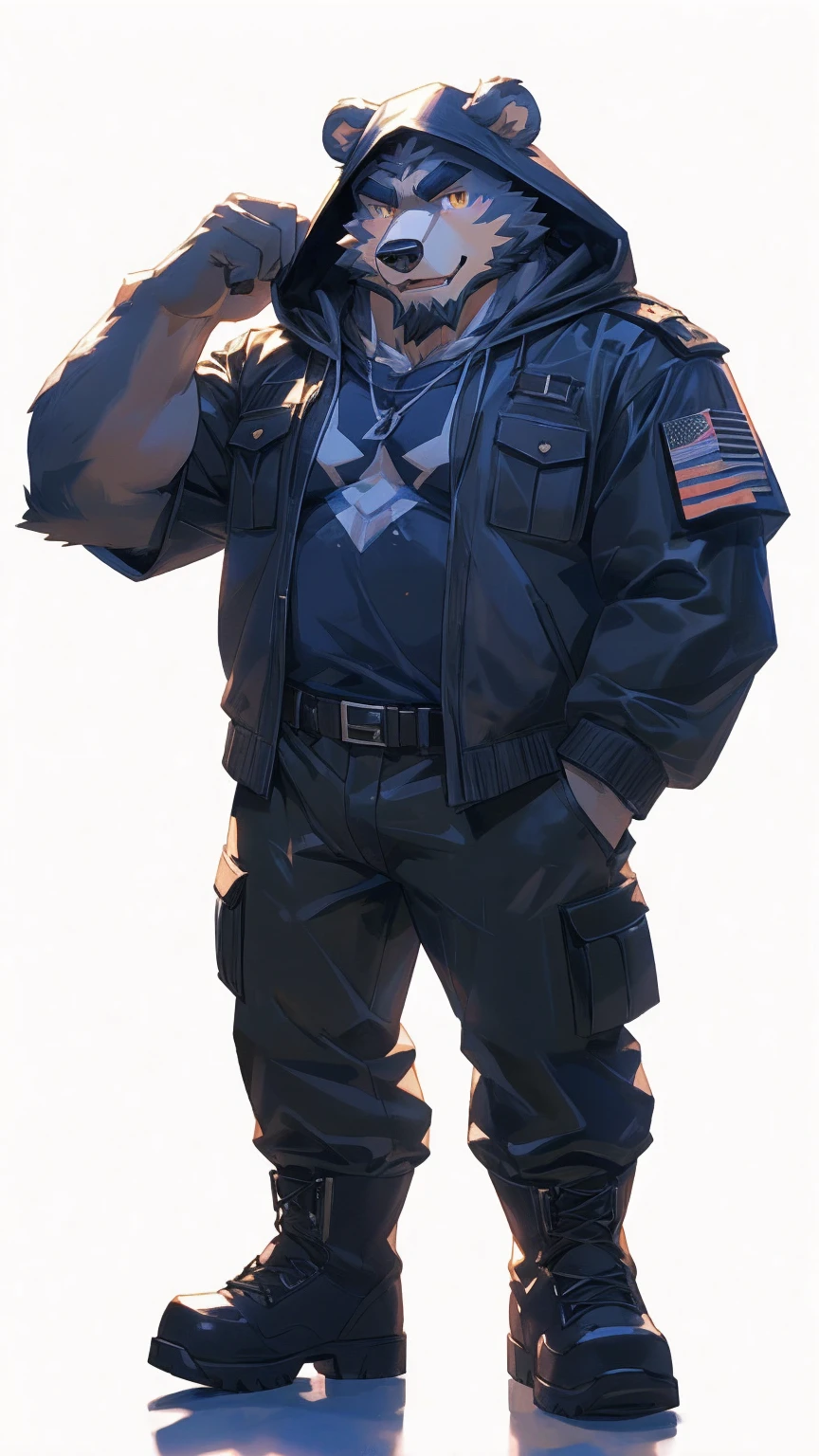 (masterpiece:1.2), best quality,pixiv,official art,perfect anatomy, (Ray tracing, light),solo, (1_male:1.3) , (muscle), (grey fur:1.4), (muscle bear), (beard:1.2), (gleaming golden eyes), bear tail, full body, Thick black eyebrows,(open hooded parka), (naked inside), (cargo pants:1.2), boots , (pure white background: 1.3)
