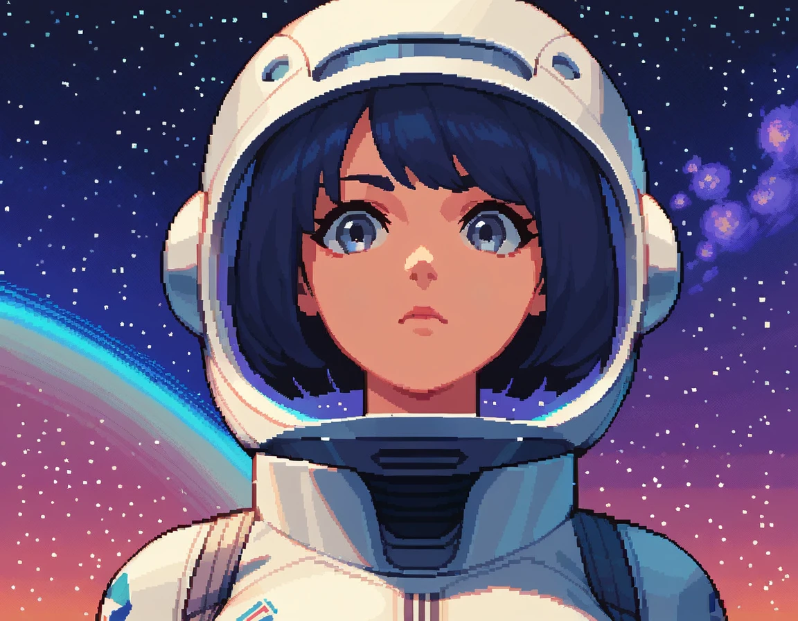 score_9, score_8_up, score_7_up, pixel art, 1girl,long shot, space background, wearing a space suit, wearing a helmet, free fall, floating in space, lovely lighting, bob cut hair, grey eyes, confused expression