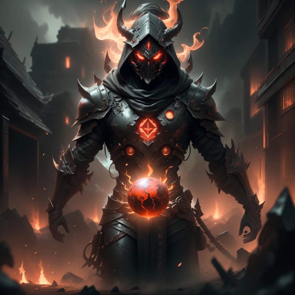 Ghost mage with lava wand, Male Magician, Red full body armor, super cool ghost magician, in a fiery red cloak, huge staff, glowing magic lava ball, Magic Pose, very high, high, Brilliant eyes, with mask, high figure, Ideal body proportions, Looking Up, IP from pop-market, Side light, avatar, Octane rendering, blender, Black battlefield background with riots, 3d, C4D, Best quality, Very detailed, Ancient technology, HDR (high dynamic range), ray tracing, NVIDIA RTX, Super resolution, Unreal 5, Subsurface scattering, PBR-текстура, Post-processing, Anisotropic filtering, depth of field, Maximum sharpness and sharpness, Multilayer textures, Albedo and map highlighting, Surface Shading, Accurately simulate the interaction of light and material, perfect proportions, Octane rendering, dual tone lighting, Low ISO, White balance, Rule of thirds, Wide aperture, 8K raw, High efficiency subpixel, subpixel convolution, Glowing particles, light scattering, Tyndall effect