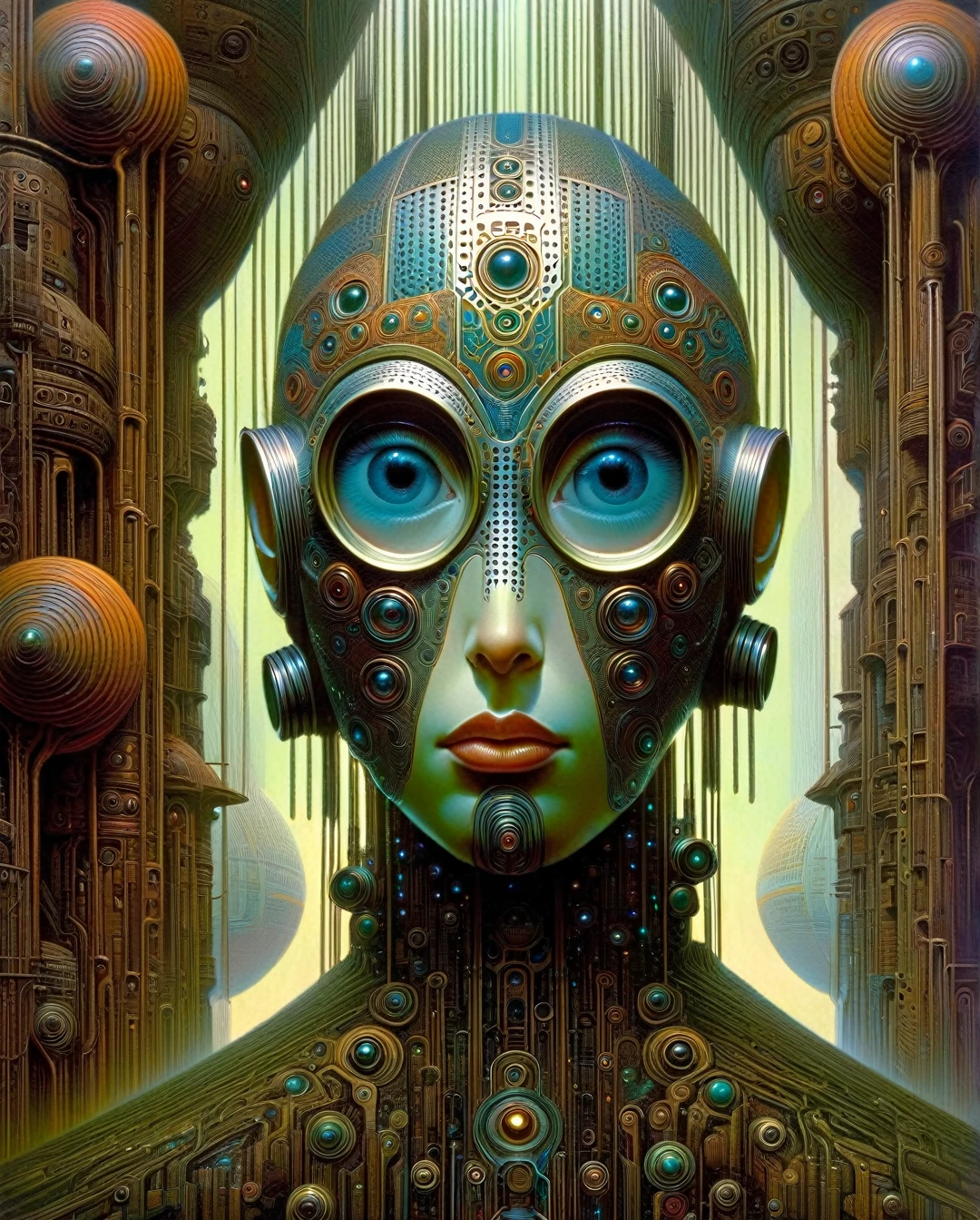 sci-fi , Ricardo Bofill, retrofuturism, Margaret Keane, 1980's Sci-Fi parody movie still portraiture photography, indigenous futurism psychedelic :: in the style of Android Jones and Robert Venosa and Emek :: intricate style of Naoto Hattori Jakub Rozalski, professional ominous concept art, by artgerm and greg rutkowski, an intricate, elegant, highly detailed digital painting, concept art, smooth, sharp focus, illustration, in the style of simon stalenhag, wayne barlowe, and igor kieryluk., (Dave Mckean inspired art, intricate details, oil painting)